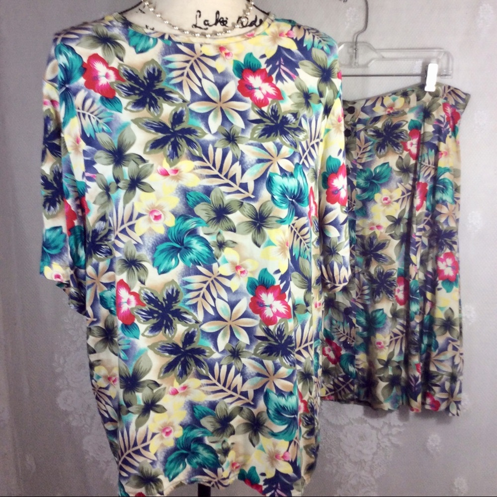 Vintage Tropical Floral 2 Piece Top Skirt Set XL